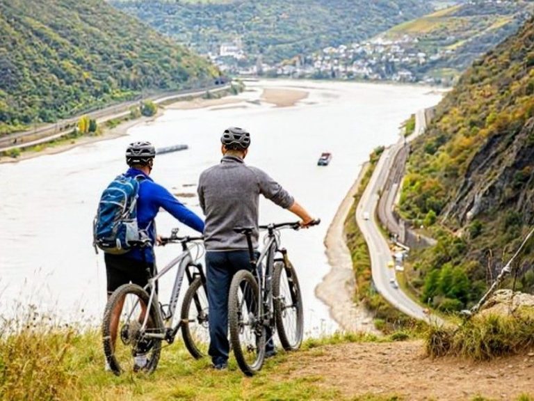 Radfahrer mit Blick auf das Rheintal bei Bacharach – Radfahren, Wandern und Schifffahrten im UNESCO-Welterbe Mittelrheintal erleben