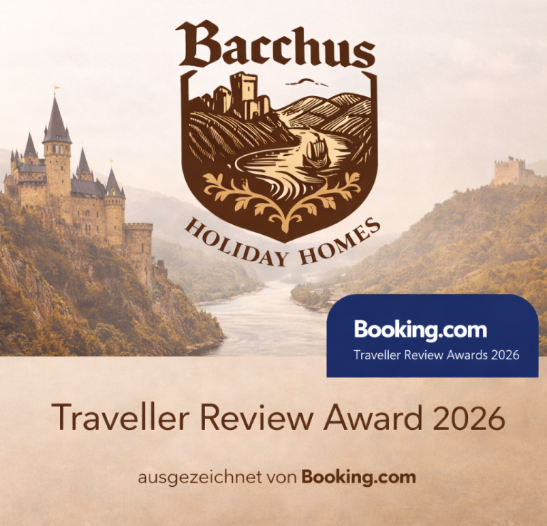 Traveller Review Award 2026 – ausgezeichnet von Booking.com | Bacchus Holiday Homes Bacharach Bacchus Holiday Homes – Booking.com Traveller Review Award 2026 im UNESCO Welterbe Oberes Mittelrheintal